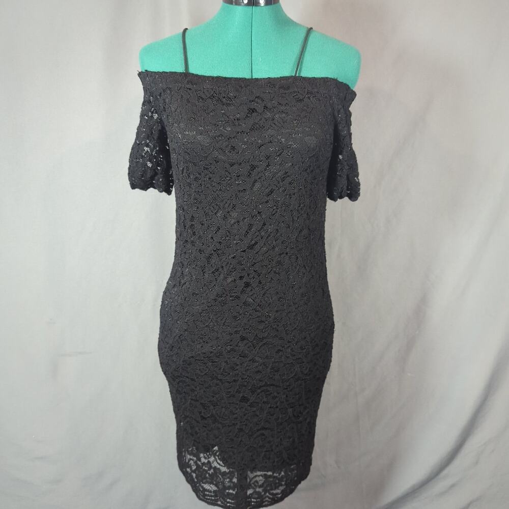 Design Lab Black Lace Off Shoulder Bodycon Midi Dress M